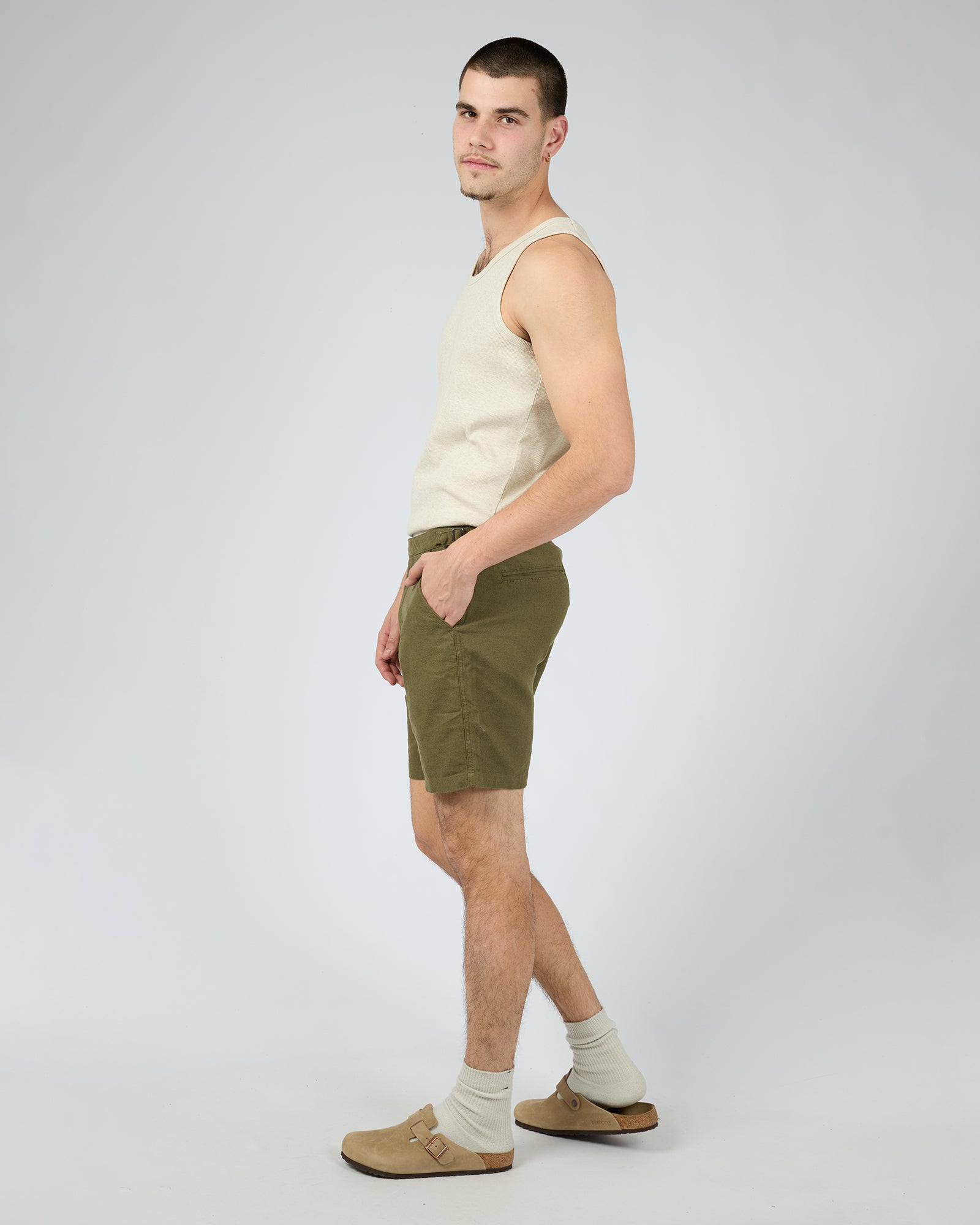 Tab Linen Short Khaki