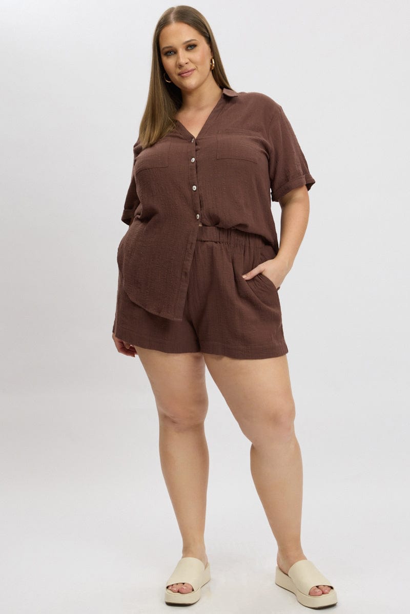 Brown Elastic Waist Pull On Cotton Shorts