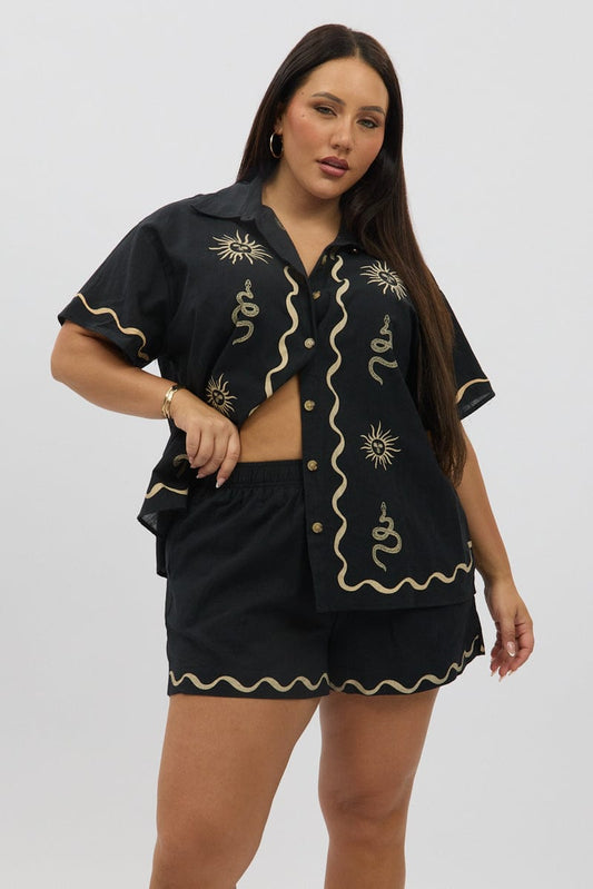 Black Printed Elastic Waist Pull On Cotton Shorts