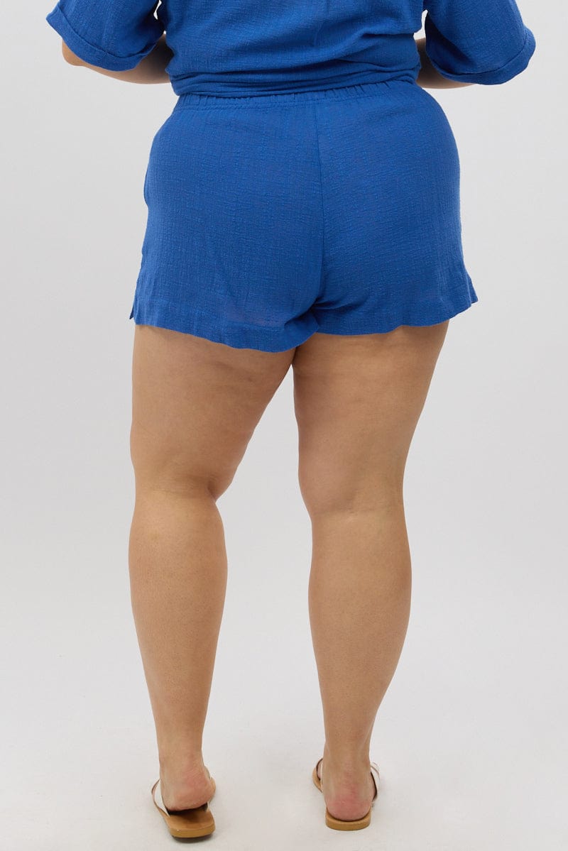 Blue Elastic Waist Pull On Cotton Shorts