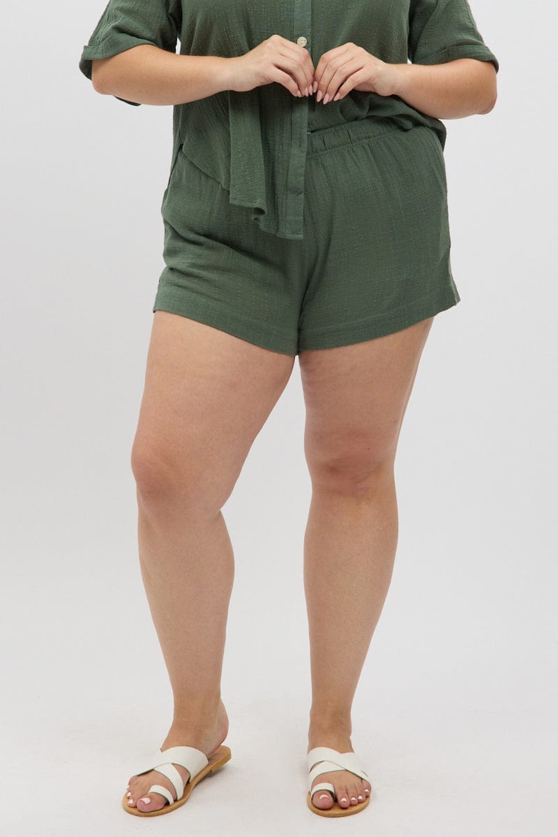 Green Elastic Waist Pull On Cotton Shorts