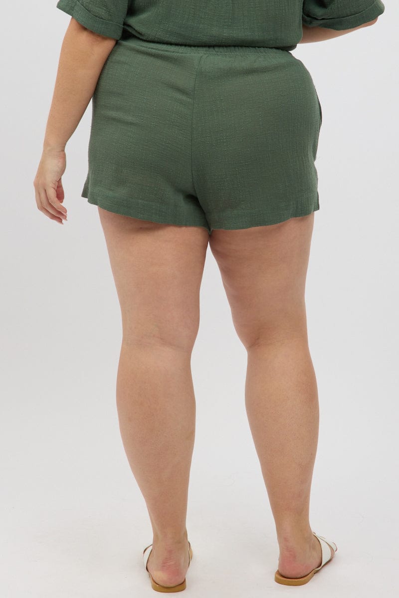 Green Elastic Waist Pull On Cotton Shorts