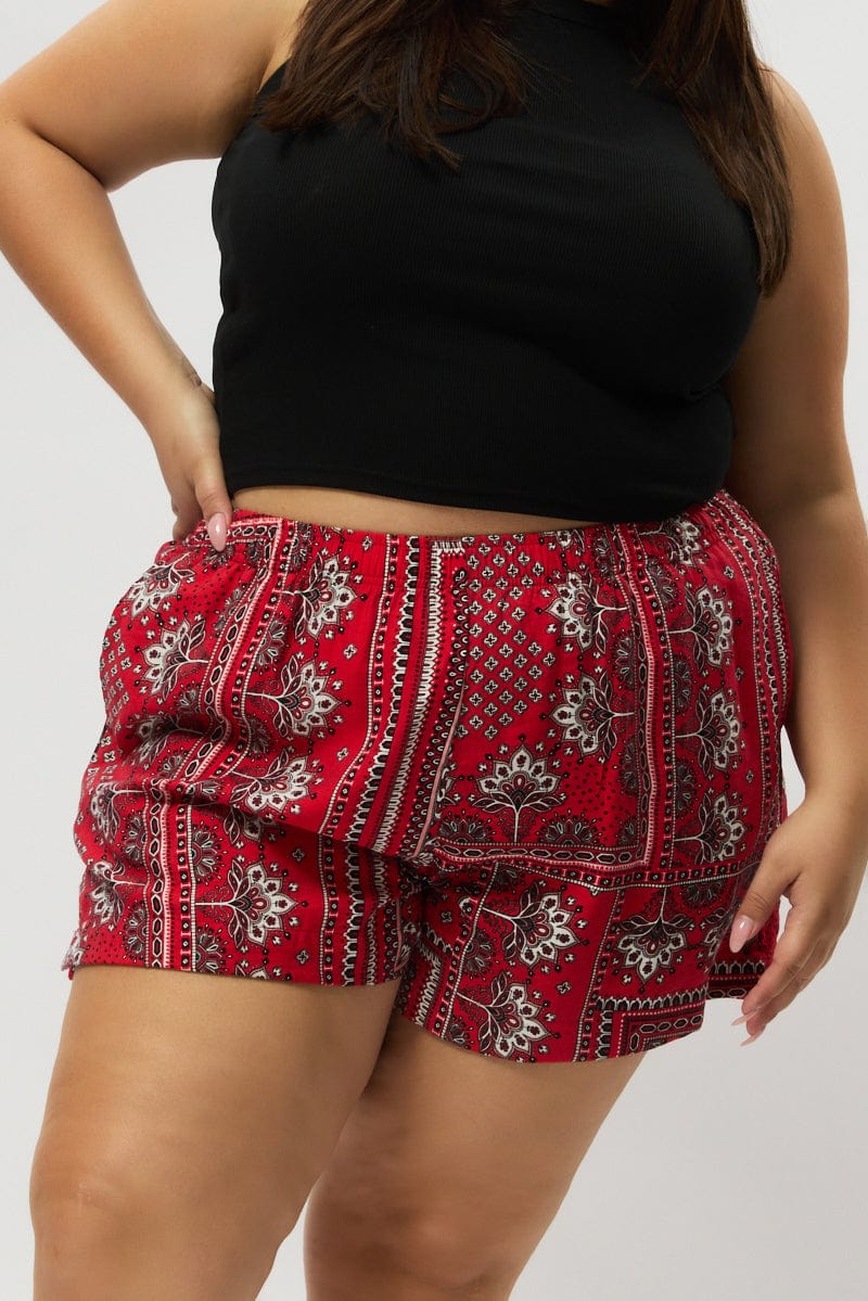 Red Boho Elastic Waist Shorts