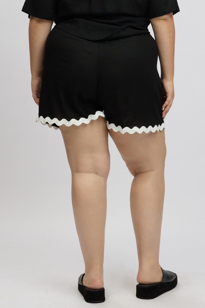 Black Ric Rac Trim Linen Blend Shorts