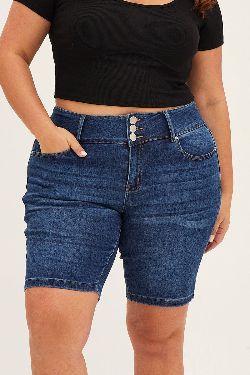 Mid Blue High Rise 3 Buttons Knee Length Denim Shorts