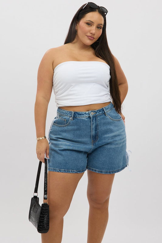 Denim Relaxed Shorts High Rise Side Ribbon Detail