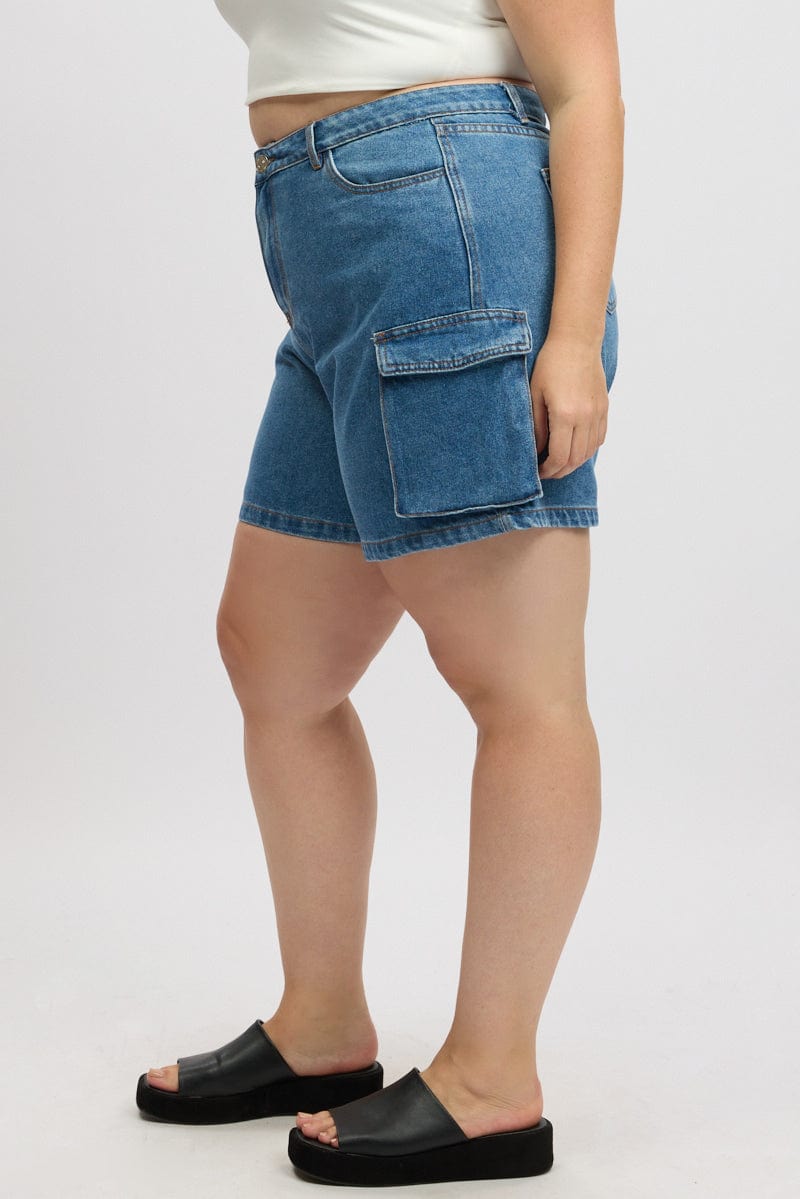 Denim Cargo Shorts High Rise