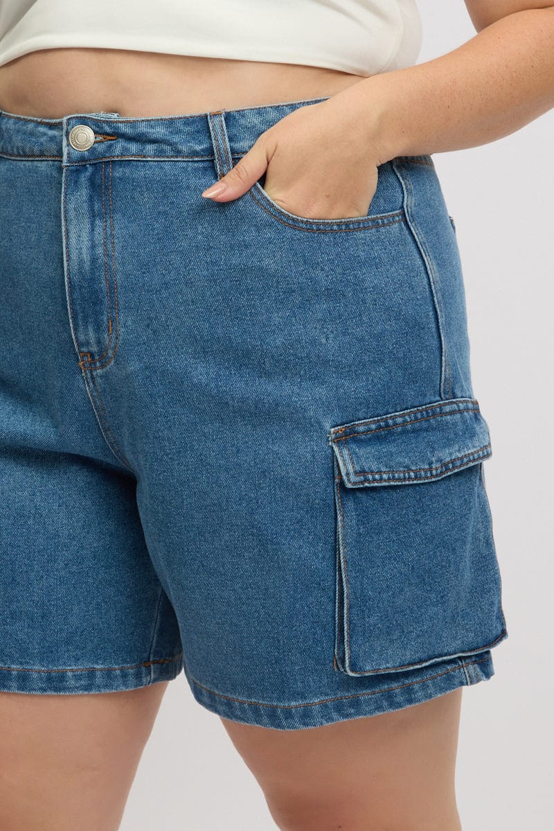 Denim Cargo Shorts High Rise