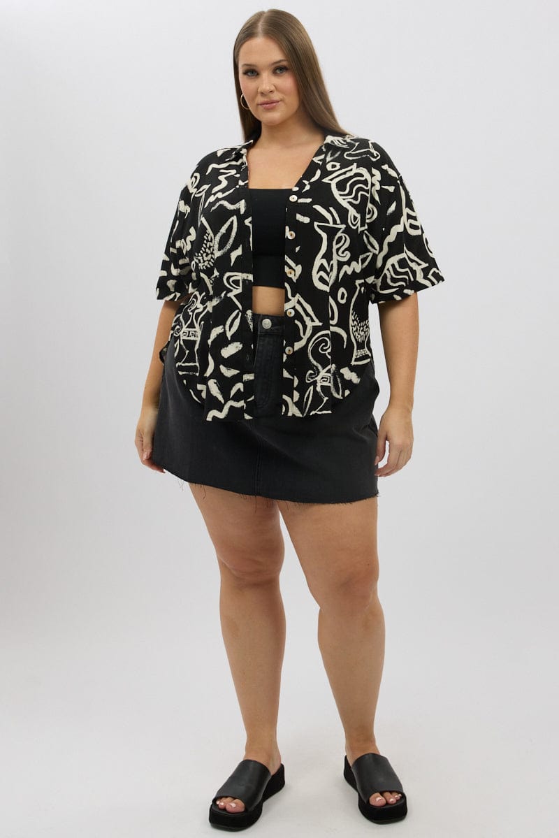 Black Abstract Relaxed Shirt Short Sleeve Linen Blend