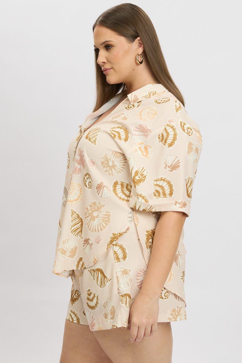 Beige Abstract Relaxed Shirt Short Sleeve Linen Blend