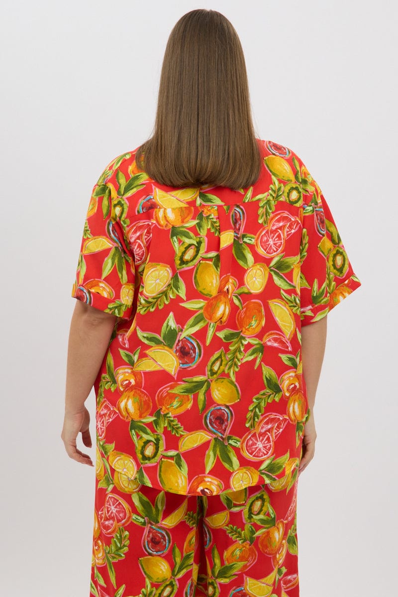 Red Abstract Relaxed Shirt Short Sleeve