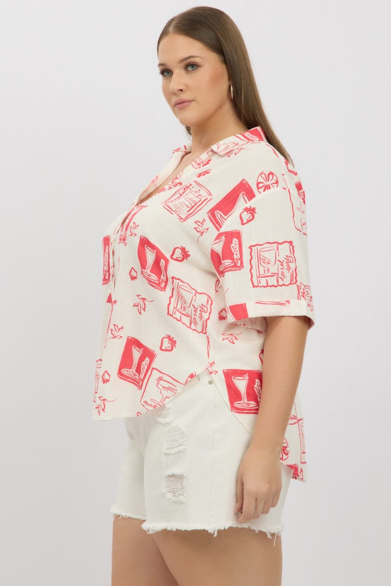 Red Abstract Relaxed Shirt Short Sleeve