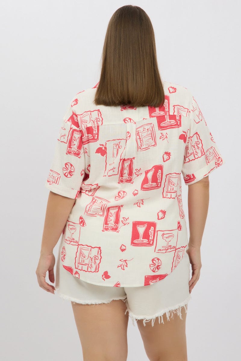 Red Abstract Relaxed Shirt Short Sleeve