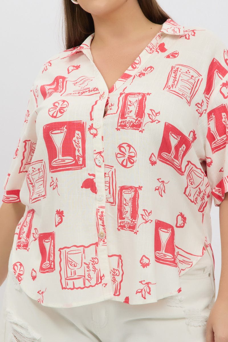 Red Abstract Relaxed Shirt Short Sleeve