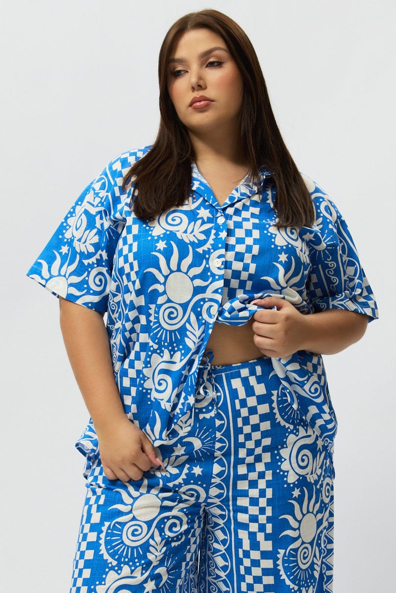 Blue Abstract Relaxed Shirt Short Sleeve Linen Blend