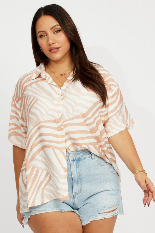 Beige Abstract Relaxed Shirt Short Sleeve