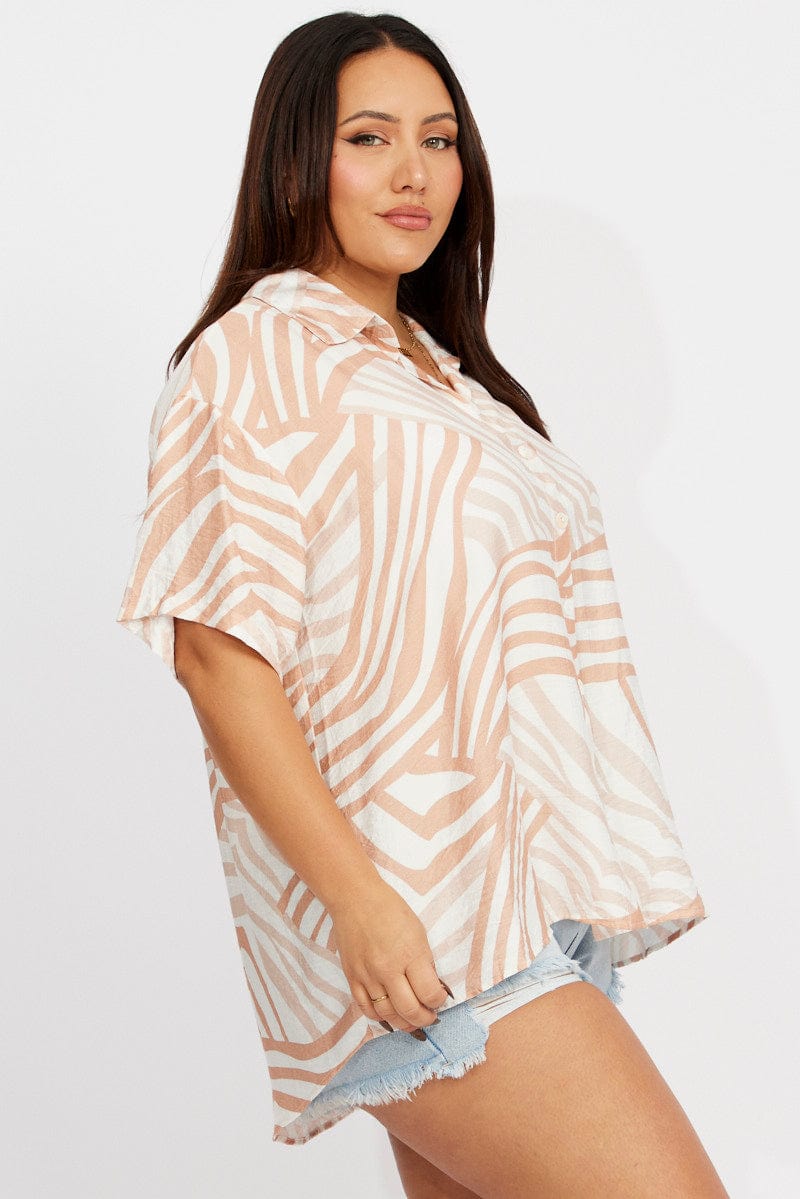 Beige Abstract Relaxed Shirt Short Sleeve