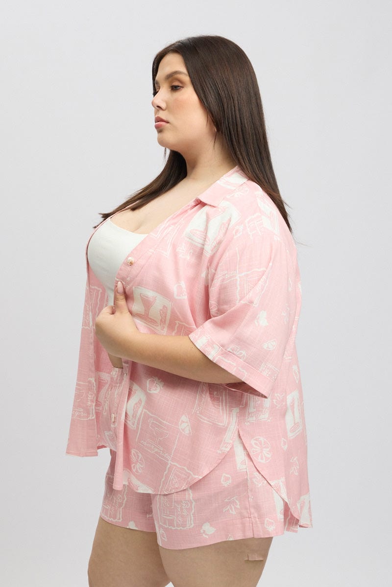 Pink Abstract Relaxed Shirt Short Sleeve Linen Blend