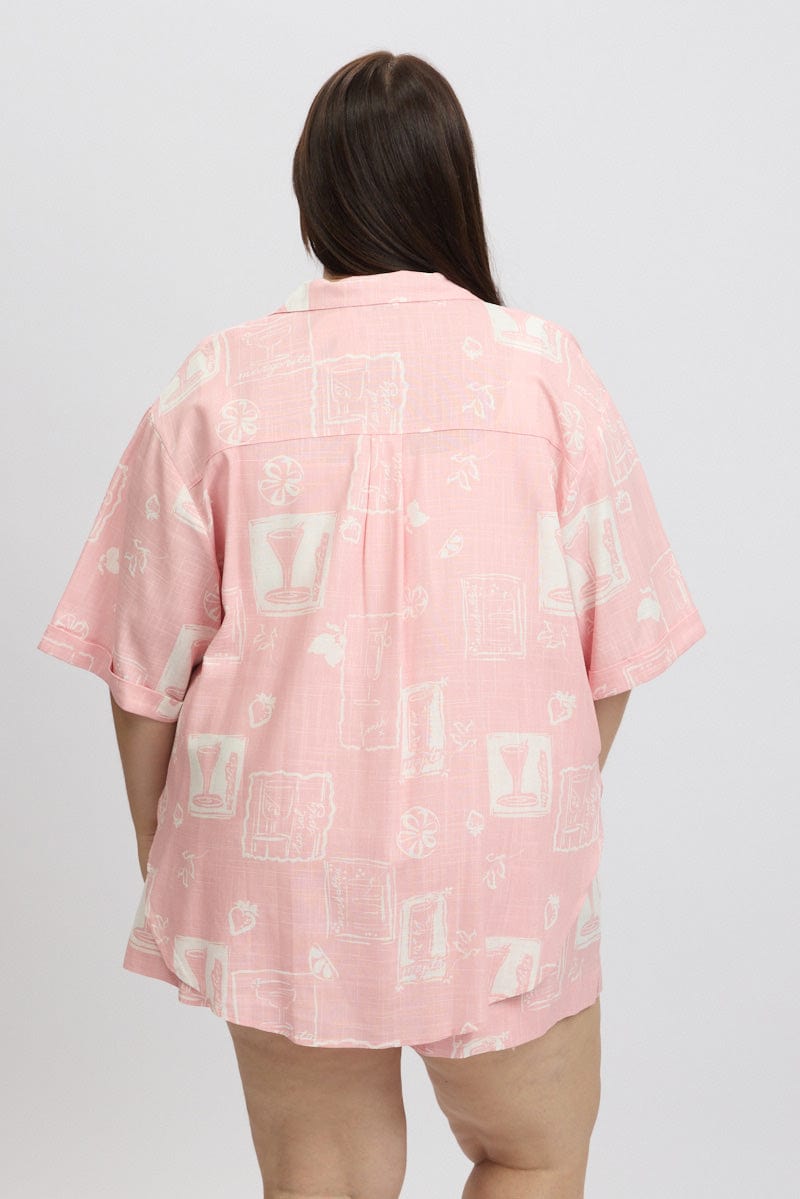 Pink Abstract Relaxed Shirt Short Sleeve Linen Blend