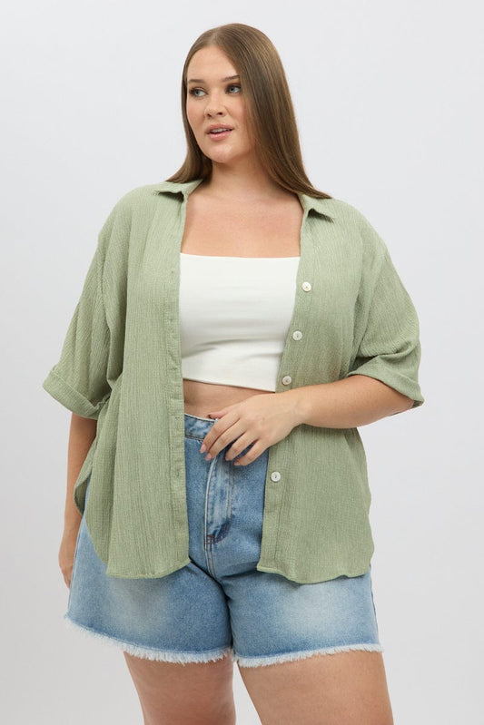 Green Textured Shirt Short Sleeve