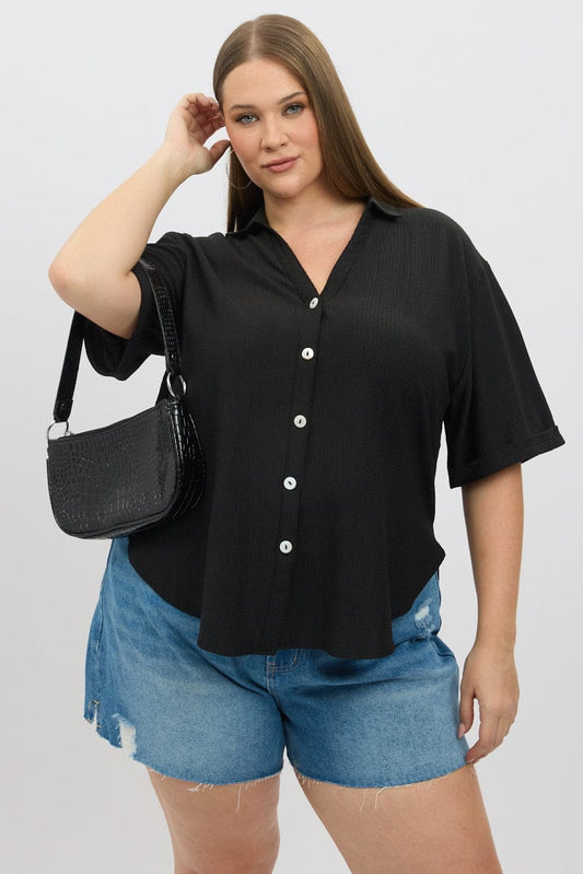 Black Relaxed Shirt Short Sleeve Textured