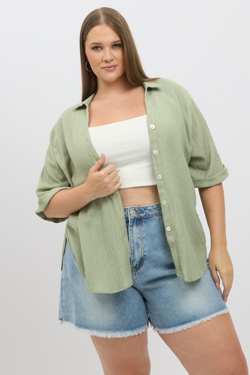 Green Relaxed Shirt Short Sleeve Textured