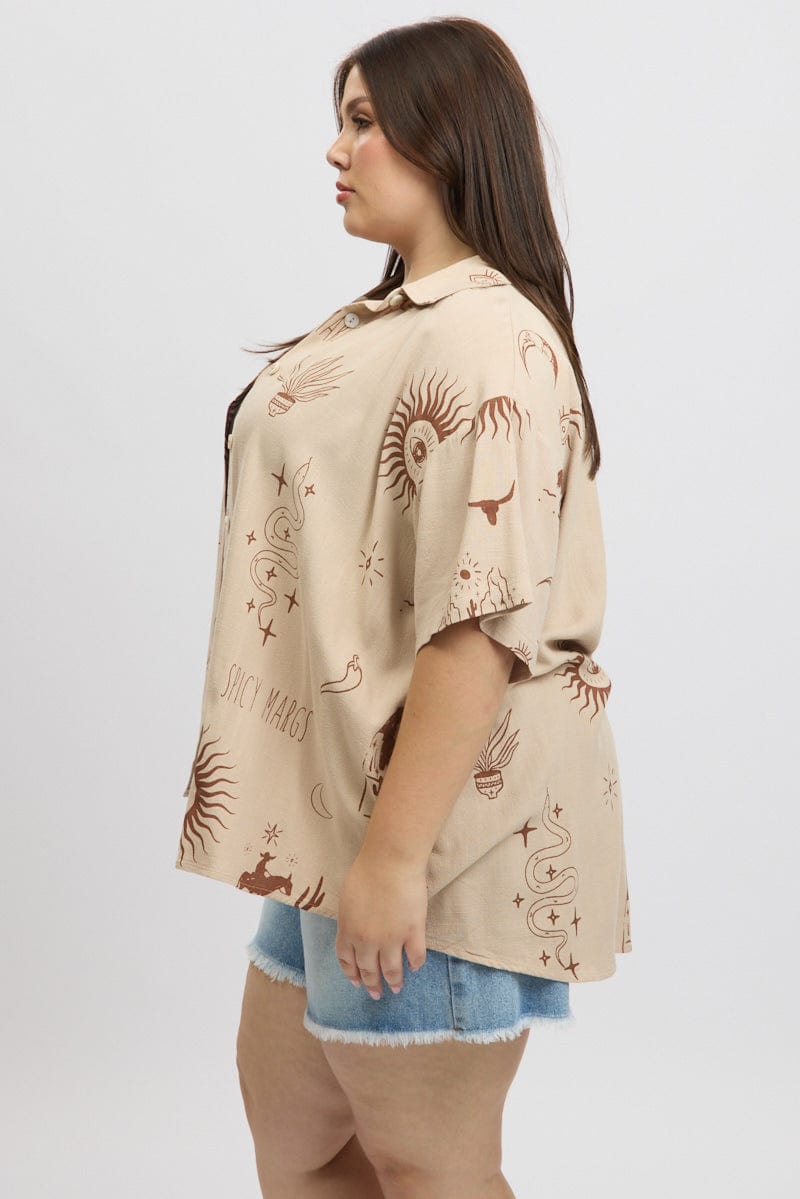 Beige Abstract Relaxed Shirt Short Sleeve