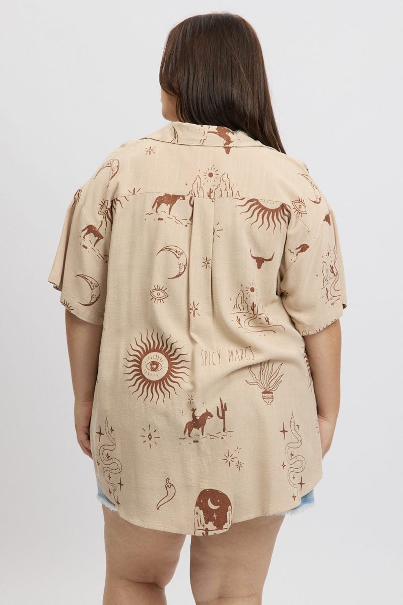 Beige Abstract Relaxed Shirt Short Sleeve